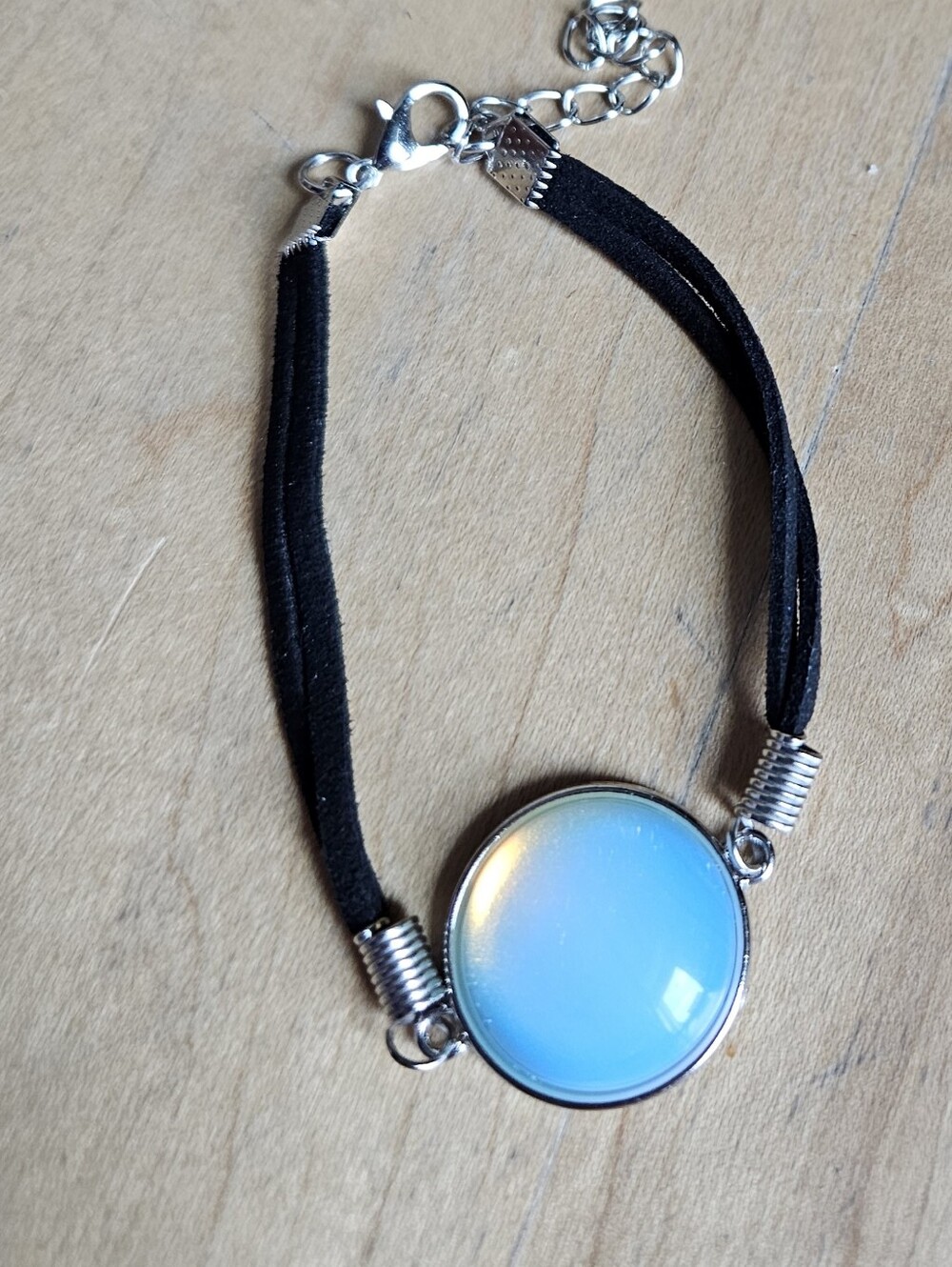 Opalescent Blue Round Cabochon Bracelet with Black Suede Cord